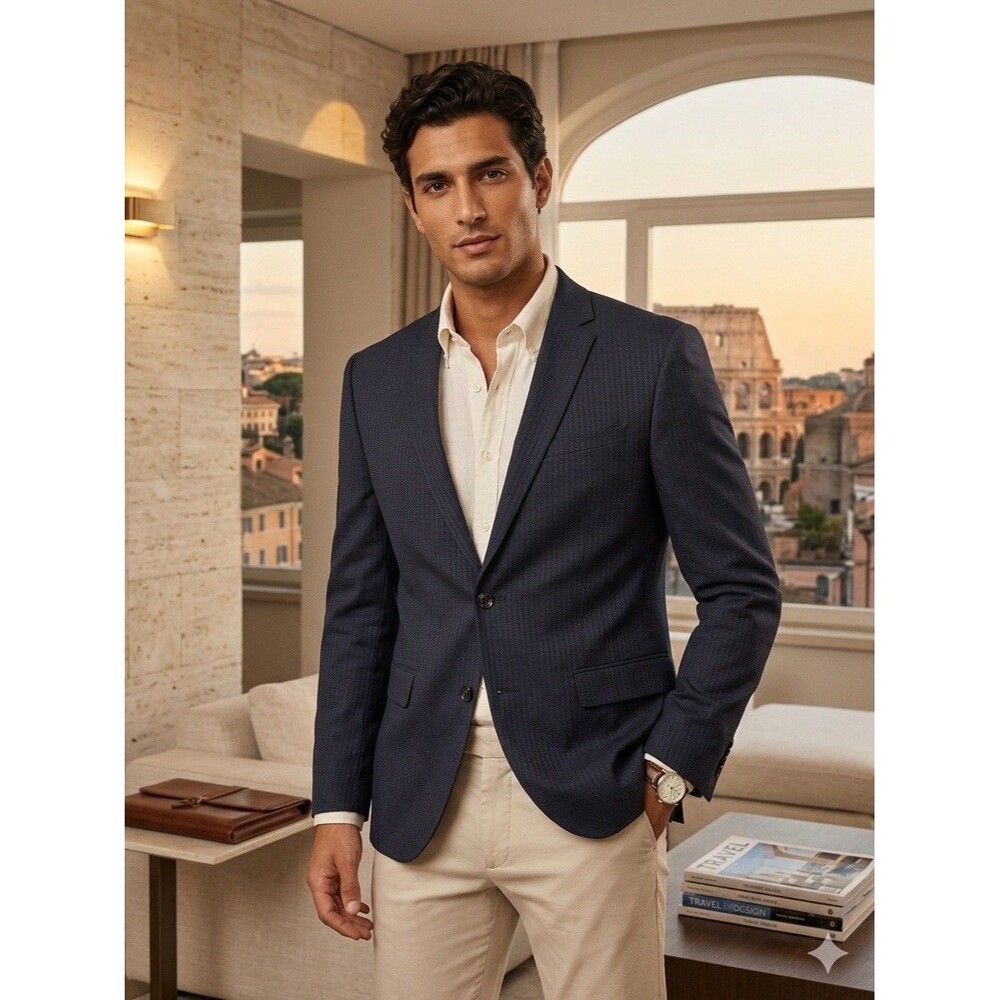 Zara Man Blazer Sport Coat Men’s 42 Navy Blue Textured Two Button Slim Fit NWOT